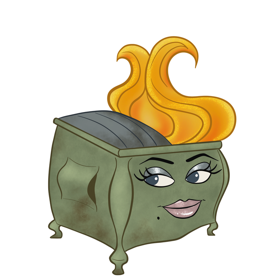 a glamorous dumpster with fire for exquisitely coiffed hair