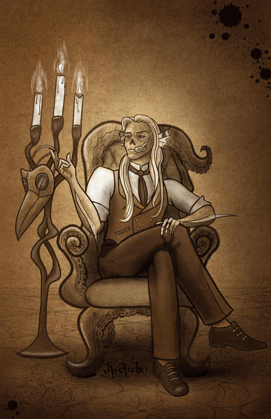 undead lich man with long flowing hair, missing body parts, in an elegantly carved chair.